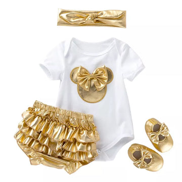 Baby Girl 4Pc Cotton Tops, Skirt-Shorts, Shoes & Headdress Sets. (0~18M)